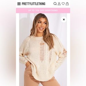 PrettyLittleThing distressed cable knit round neckline sweater! Size S